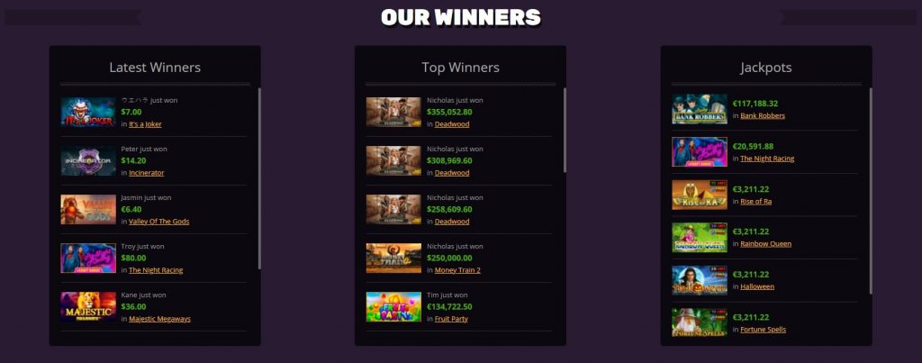 Recent winners of PlayAmo Casino