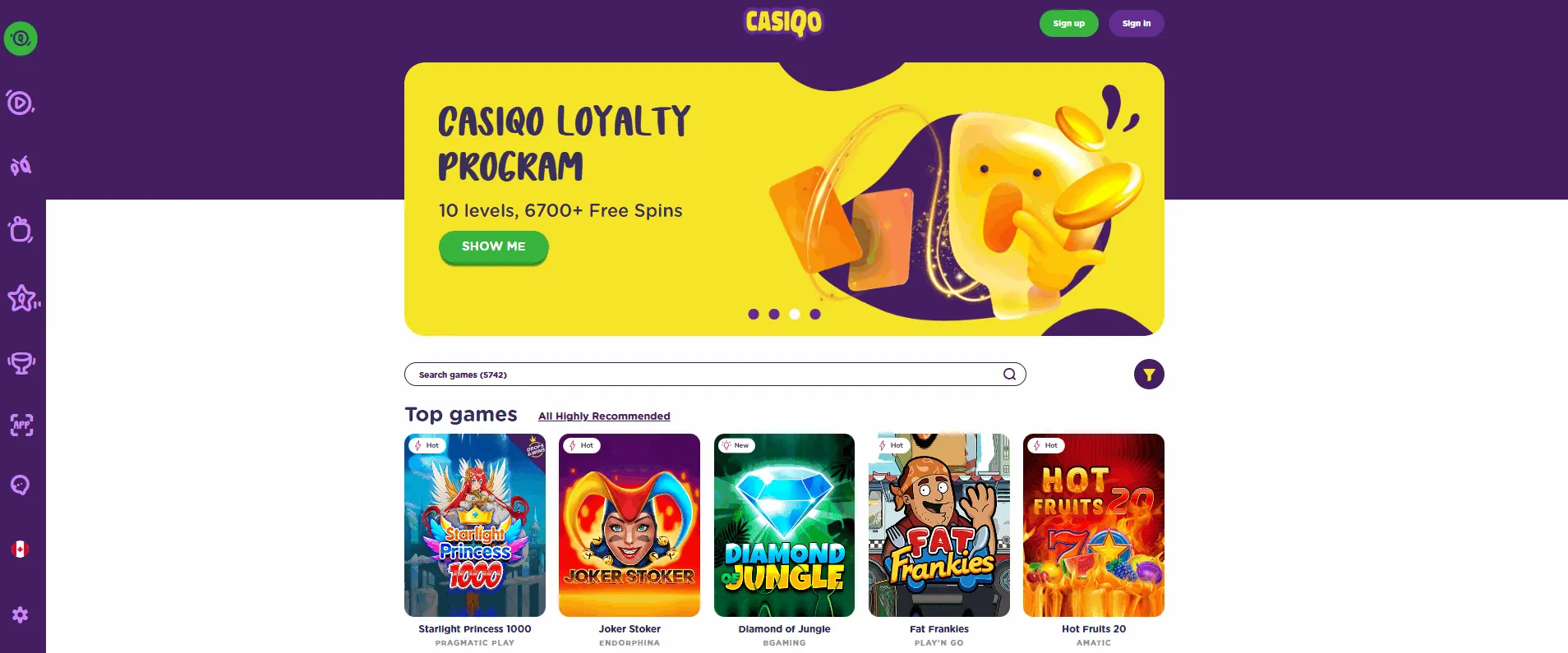 Casiqo Casino Lobby with SMS Pyament Alternatives