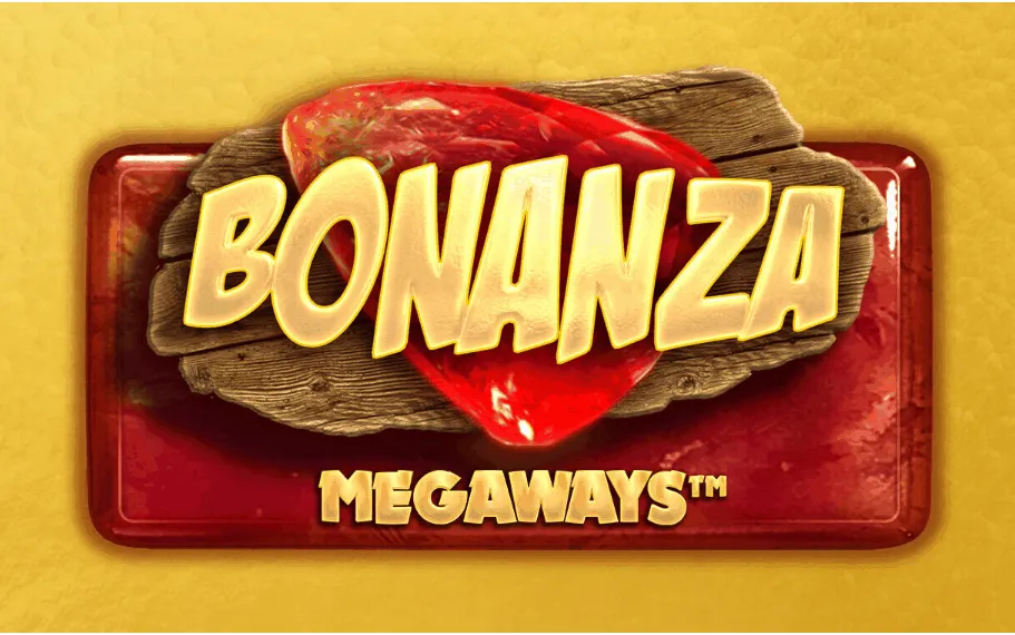 Bonanza Megaways – Abenteuerslot mit Edelstein-Motiv und Megaways-Mechanik Bonanza Megaways Spiel-Logo mit goldener Schrift, Holztafel und rotem Edelstein
