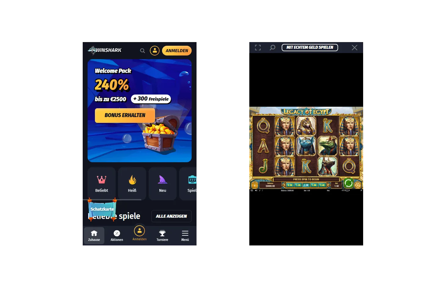 Winshark Casino: Willkommensangebot und der Spielautomat „Legacy of Egypt“ Nebeneinander-Ansicht des Willkommensbonus der Winshark Casino-App und des Spielautomaten „Legacy of Egypt“.
