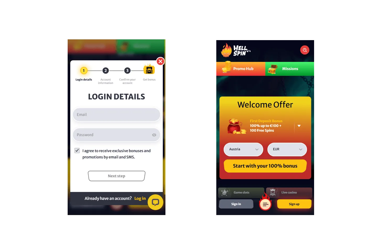 Hell Spin Casino: Registrierung und Willkommensangebot für Österreich Nebeneinander-Ansicht der Registrierung und des Willkommensangebots im Hell Spin Casino