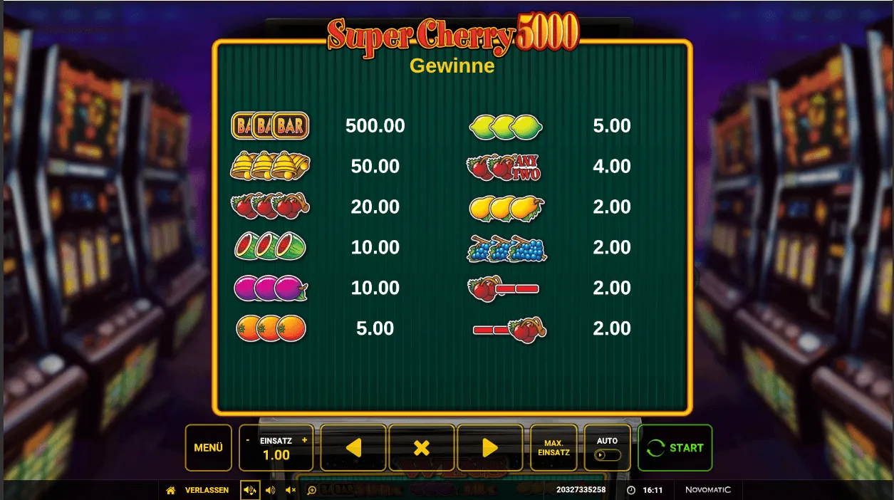Super Cherry 5000 – Übersicht der Gewinnsymbole und Auszahlungsbeträge Gewinntabelle des Super Cherry 5000 Spielautomaten mit Symbolen und Auszahlungen von BAR bis Früchten