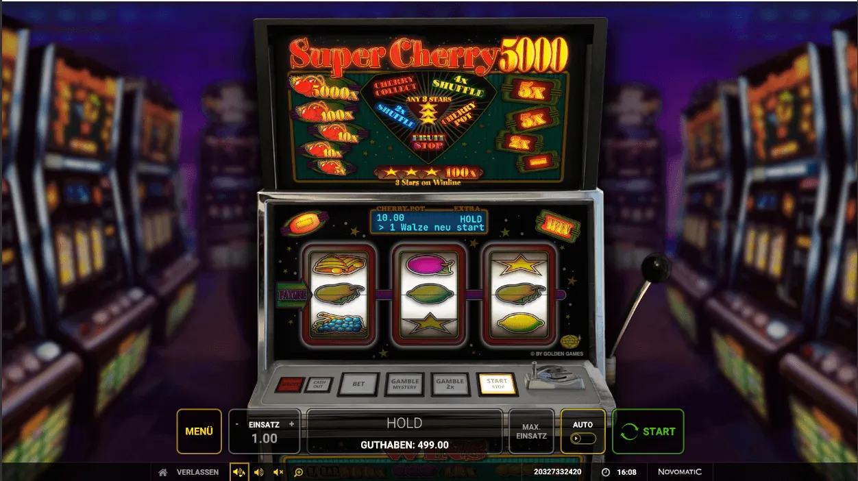 Super Cherry 5000 – Klassischer Frucht-Spielautomat mit 3 Walzen Spielautomat Super Cherry 5000 mit Fruchtsymbolen, Halte-Funktion und Bedienfeld