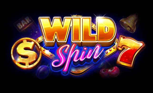 Wild Spin 7 – Leuchtendes Slot-Logo mit klassischen Symbolen Leuchtendes Wild Spin 7 Slot-Logo mit Dollarzeichen, Kirschen, Glocke, BAR-Symbol und glänzender Sieben