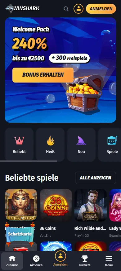Willkommenspaket bei Winshark – 240 % Bonus bis zu €2500 + 300 Freispiele sichern Willkommensbonus bei Winshark Casino mit bis zu 240 % Bonus und 300 Freispielen, präsentiert mit Schatztruhe-Grafik.