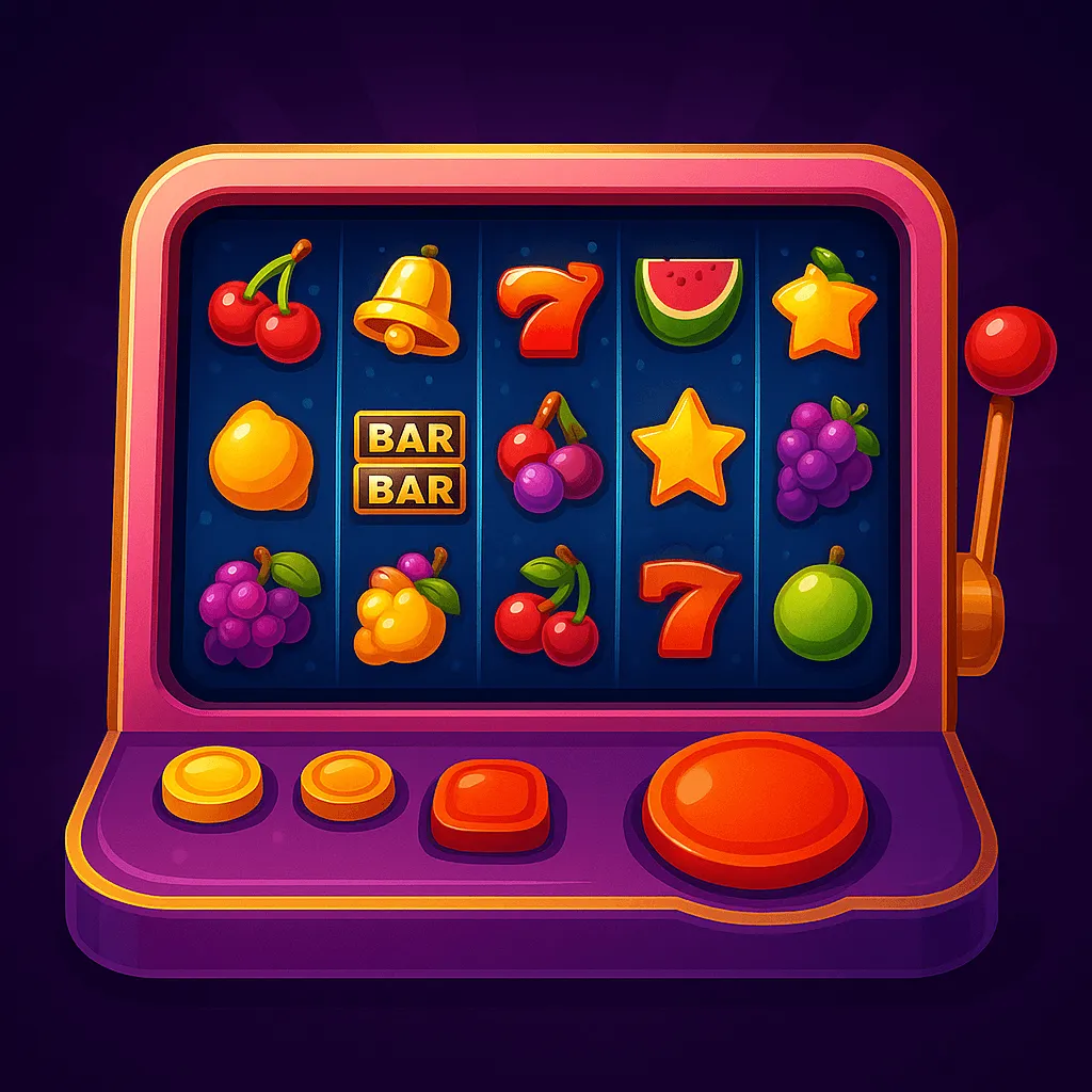 Slotmaschine mit Jackpot-Gewinn und Casino-Elementen Goldene Slotmaschine mit drei roten Siebenen, umgeben von Münzen, Spielchips, Würfel und Kartensymbolen