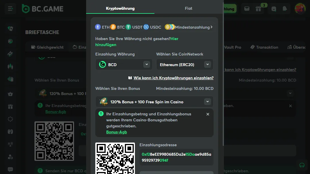 BC.Game – Kryptowährungs-Einzahlungsbonus mit QR-Code Screenshot des BC.Game-Krypto-Einzahlungsbildschirms mit Auswahl für BCD-Währung, Ethereum-Netzwerk, einem 120 % Bonusangebot mit 100 Freispielen und einer QR-Code-Einzahlungsadresse