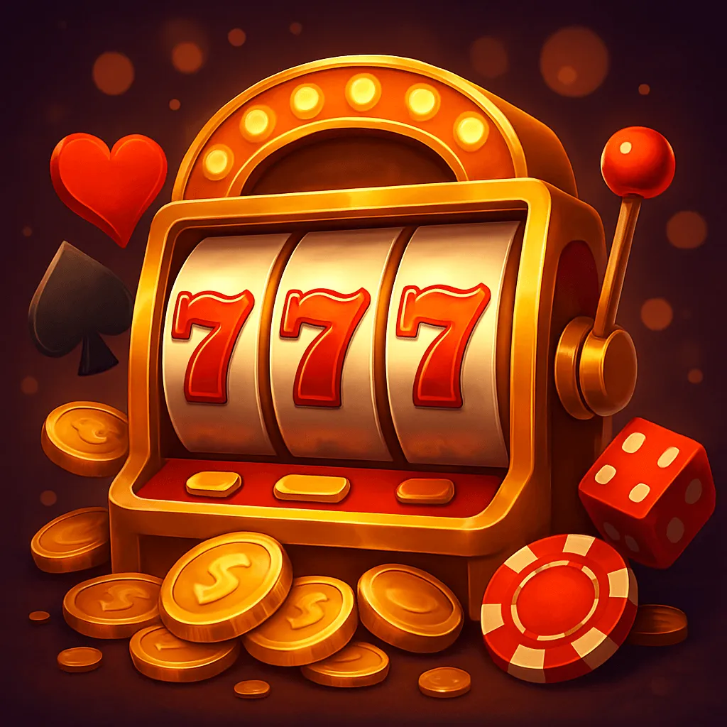 Slotmaschine mit Jackpot-Gewinn und Casino-Elementen Goldene Slotmaschine mit drei roten Siebenen, umgeben von Münzen, Spielchips, Würfel und Kartensymbolen