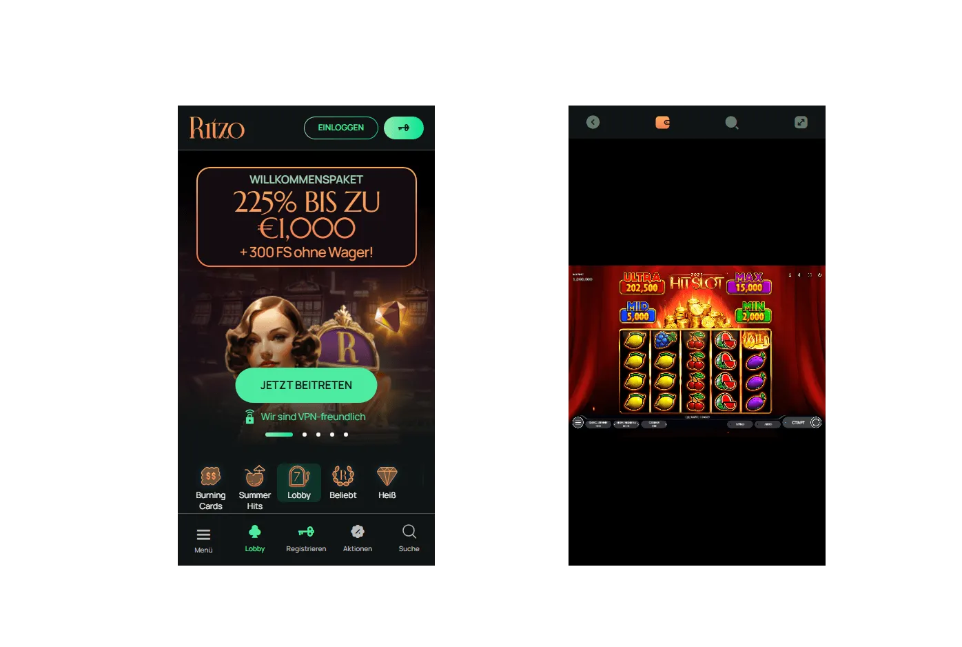Rizzo Casino: Willkommenspaket und der Spielautomat „Ultra Hot Show“ Nebeneinander-Ansicht des Willkommenspakets vom Rizzo Casino und des Spielautomaten „Ultra Hot Show“.