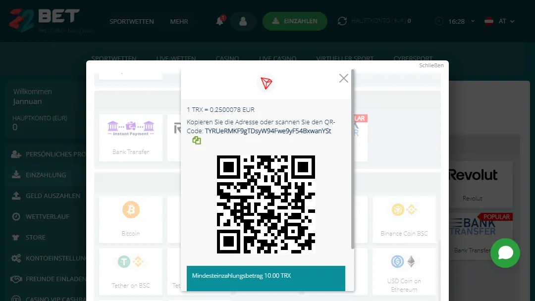 TRX Einzahlung bei 22Bet – Wallet-Adresse und QR-Code mit Mindestbetrag TRON (TRX) Einzahlungsbildschirm bei 22Bet mit QR-Code, Wallet-Adresse und Wechselkurs in EUR