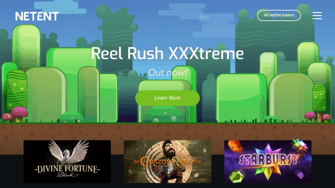 NetEnt - Better Gaming - Offizielle Webseite Screenshot der NetEnt-Website-Homepage, auf der 'Reel Rush XXXtreme' als Hauptspielwerbung zu sehen ist