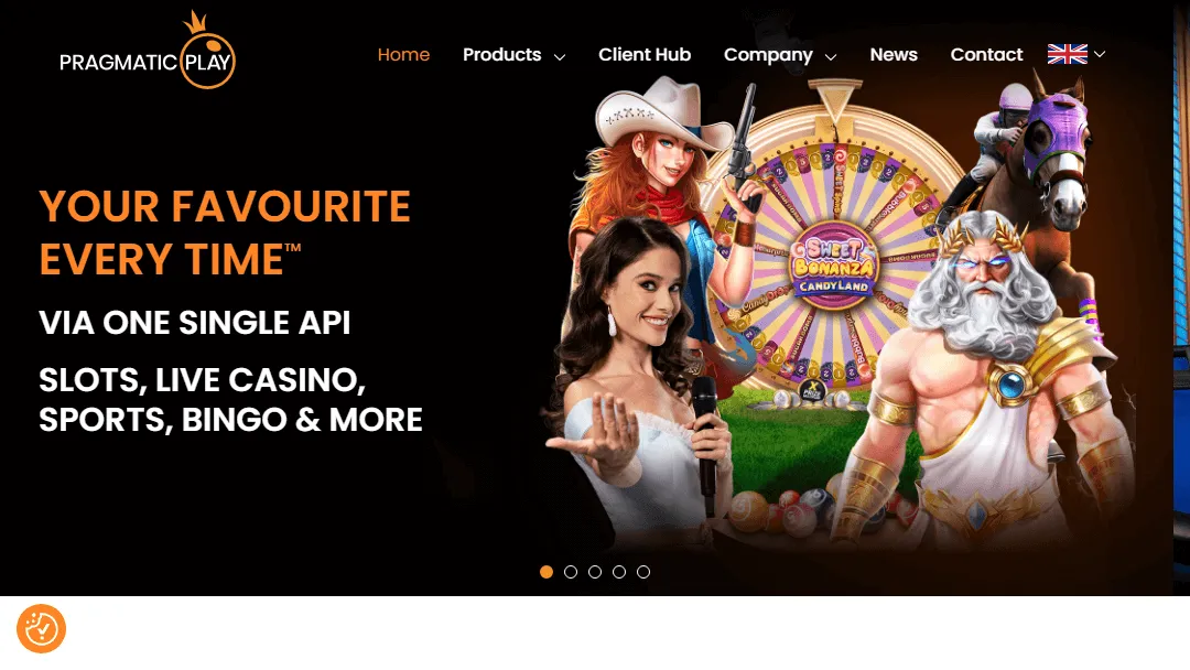 Pragmatic Play - Bester Casino Software- und Slots-Anbieter Screenshot der Pragmatic Play Website-Homepage, die verschiedene Spielfiguren und ein 'Sweet Bonanza Candyland'-Rad zeigt