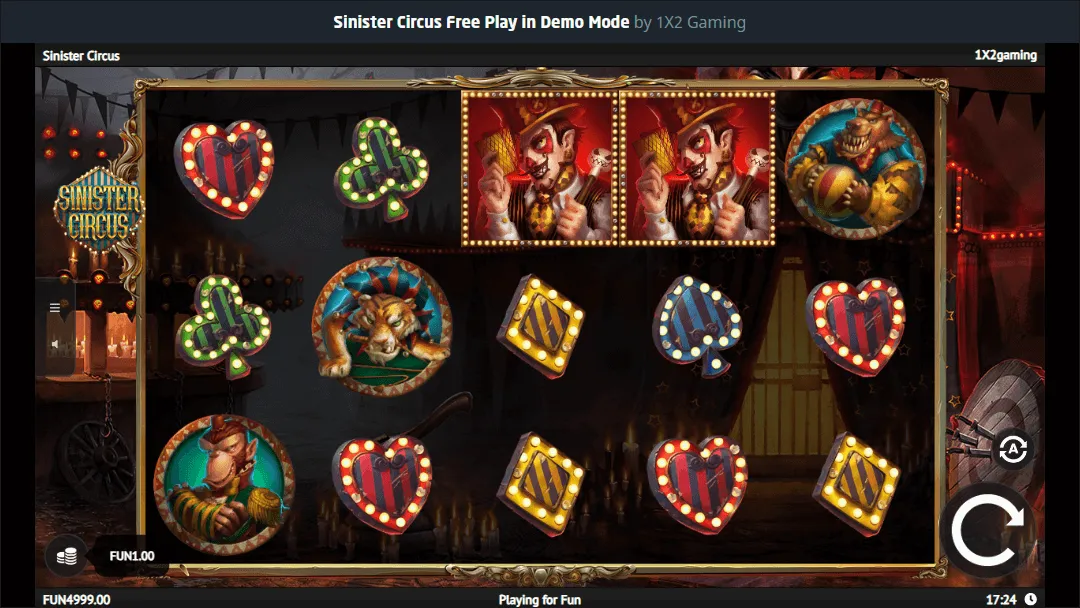 Sinister Circus Gratis-Spielautomat von 1X2 Gaming Sinister Circus Spielautomat Demo-Bildschirm mit Clown-, Tiger- und Zirkusdirektor-Symbolen von 1X2 Gaming