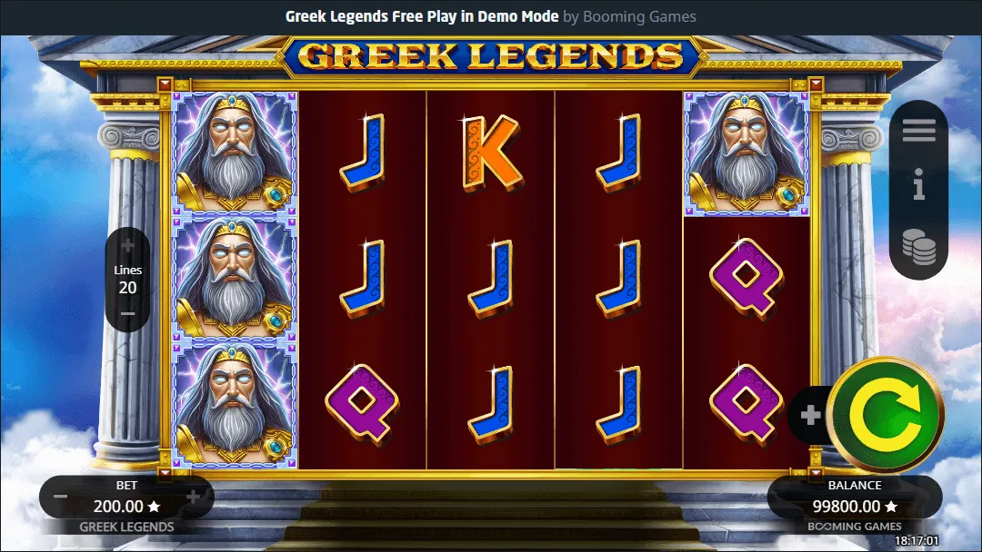 Greek Legends Gratis-Spielautomat von Booming Games Greek Legends Spielautomat mit Zeus-Symbolen und klassischen Spielkartenzeichen im Demo-Modus von Booming Games