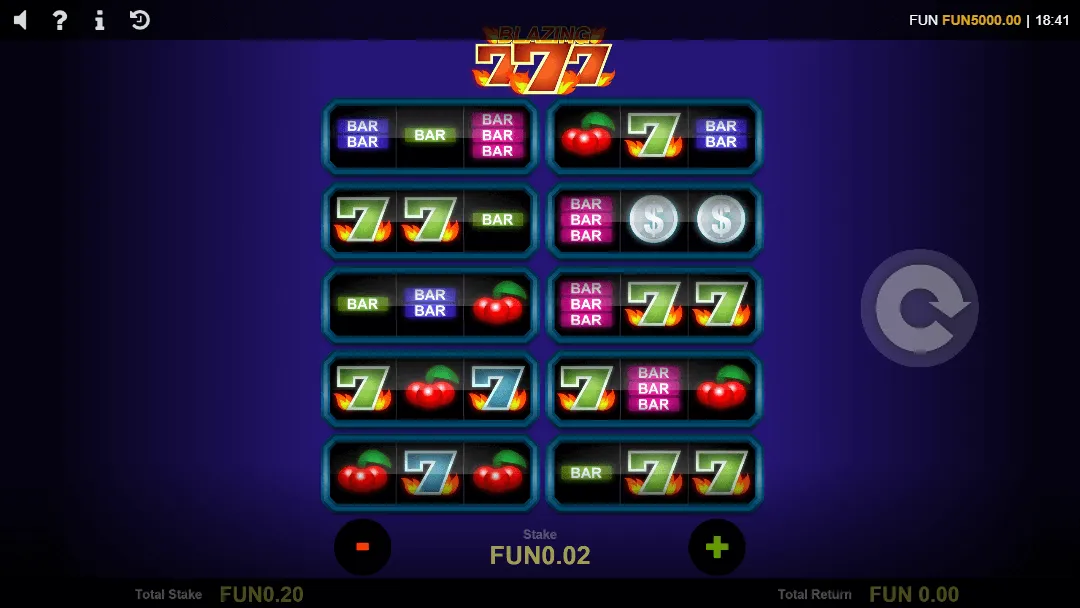 Blazing 777 Kostenloser Demo-Slot von 1X2 Gaming Blazing 777 Spielautomat Demo-Bildschirm mit 10 Mini‑Slots, klassischen 7‑, BAR‑ und Kirschen-Symbolen auf blauem Hintergrund