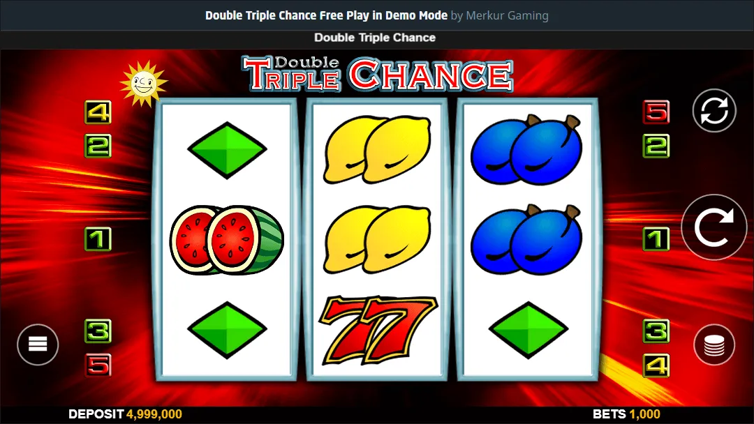 Spielautomat-Oberfläche von Double Triple Chance von Merkur Gaming mit Symbolen wie Zitronen, Pflaumen, Wassermelonen, Siebenern und Rauten