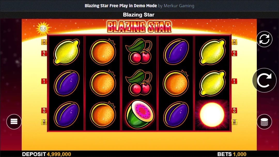 Blazing Star Online-Spielautomat mit leuchtenden Fruchtsymbolen wie Zitronen, Orangen, Pflaumen, Kirschen und einem strahlenden Sonnensymbol auf fünf Walzen.
