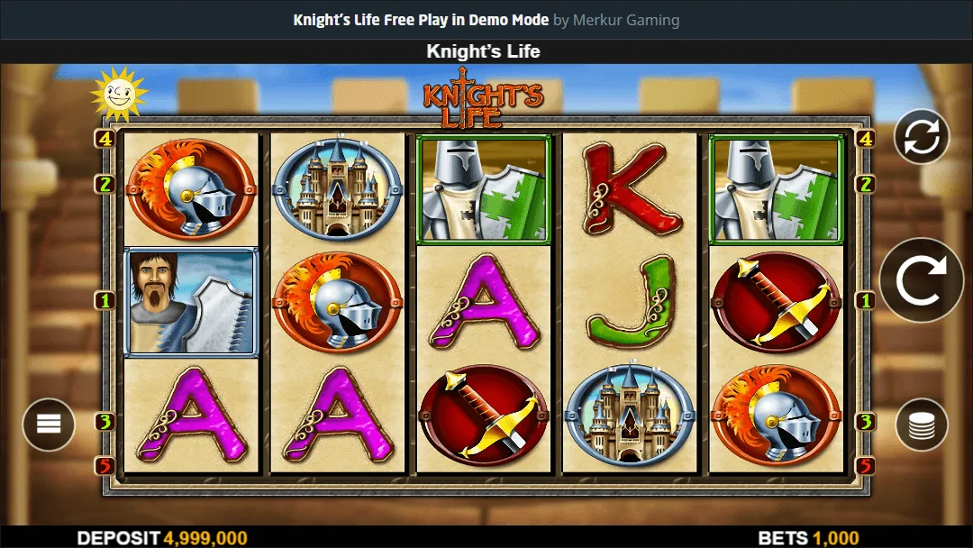 Knight’s Life Slotspiel mit Walzen und mittelalterlichen Symbolen wie Ritter, Burgen, Helmen, Schwertern und Spielkartenbuchstaben.