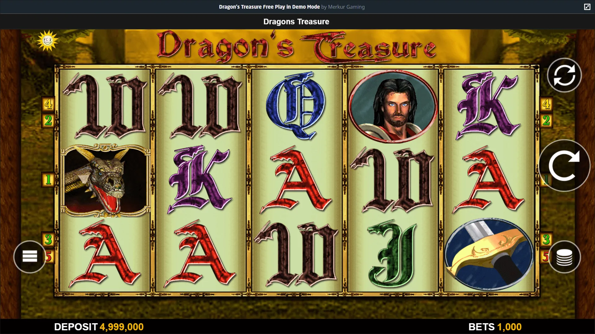 Screenshot des Spielautomaten Dragon's Treasure von Merkur Gaming mit 5 Walzen und mittelalterlichen Symbolen wie Drache, Ritter, Schwert und Buchstaben.