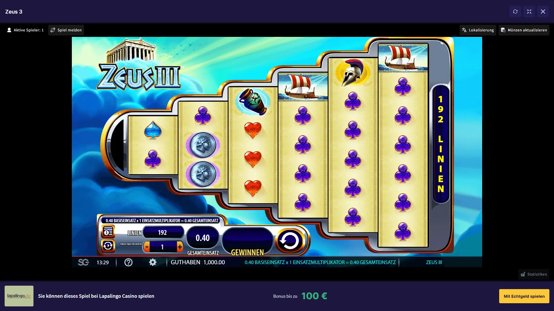 Zeus III Spielautomat mit 192 Linien – Jetzt kostenlos bei Lapalingo Casino spielen Screenshot des Zeus III Spielautomaten bei Lapalingo Casino mit 192 Gewinnlinien, Symbolen und Spielanzeige.