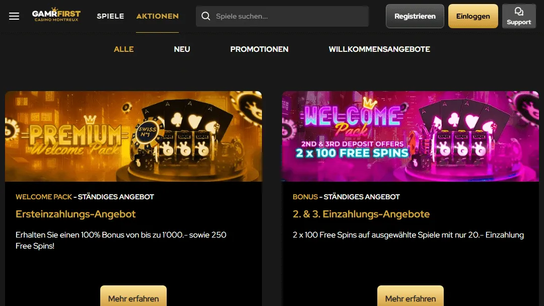 Bonus- und Willkommensangebote für erste, zweite und dritte Einzahlung im Schweizer Online-Casino Screenshot der Aktionsseite des Schweizer Online-Casinos Gamrfirst mit zwei hervorgehobenen Willkommensangeboten: links ein goldenes „Premium Welcome Pack“ mit einem 100 %-Bonus bis zu 1'000 CHF und 250 Free Spins