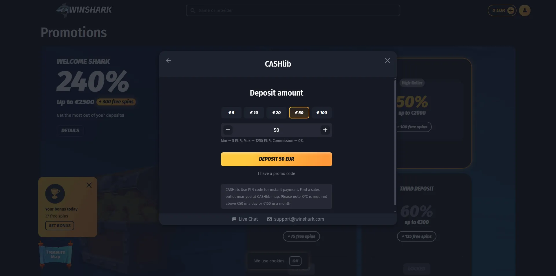 Winshark Casino – Einzahlung mit CASHlib ab 5 € bis 1250 € ohne Gebühren CASHlib Einzahlungsfenster bei Winshark Casino mit Optionen von 5 € bis 100 €