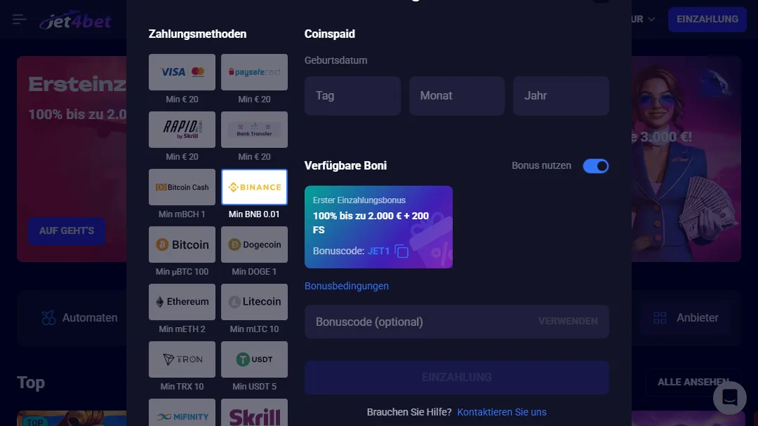 Jet4Bet – Einzahlungsseite mit Kryptowährungen, Zahlungsmethoden und Willkommensbonus Jet4Bet Zahlungsoptionen und Bonusangebot mit Binance, Bitcoin, Visa und 100 % Einzahlungsbonus bis zu 2.000 €