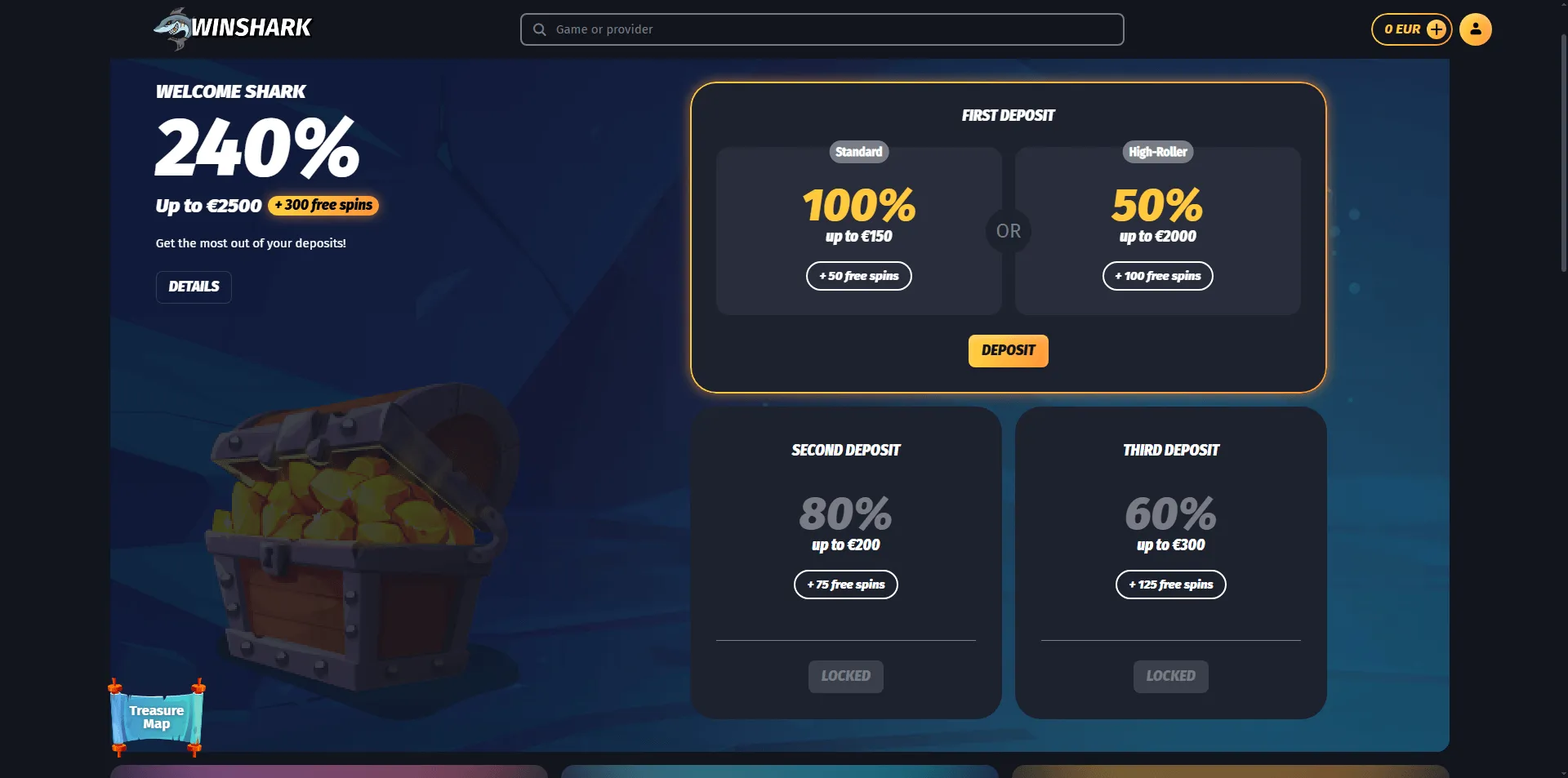 Willkommensbonus bei Winshark Casino – Bis zu €2500 + 300 Freispiele Winshark Casino Bonusangebot: 240% bis zu €2500 + 300 Freispiele
