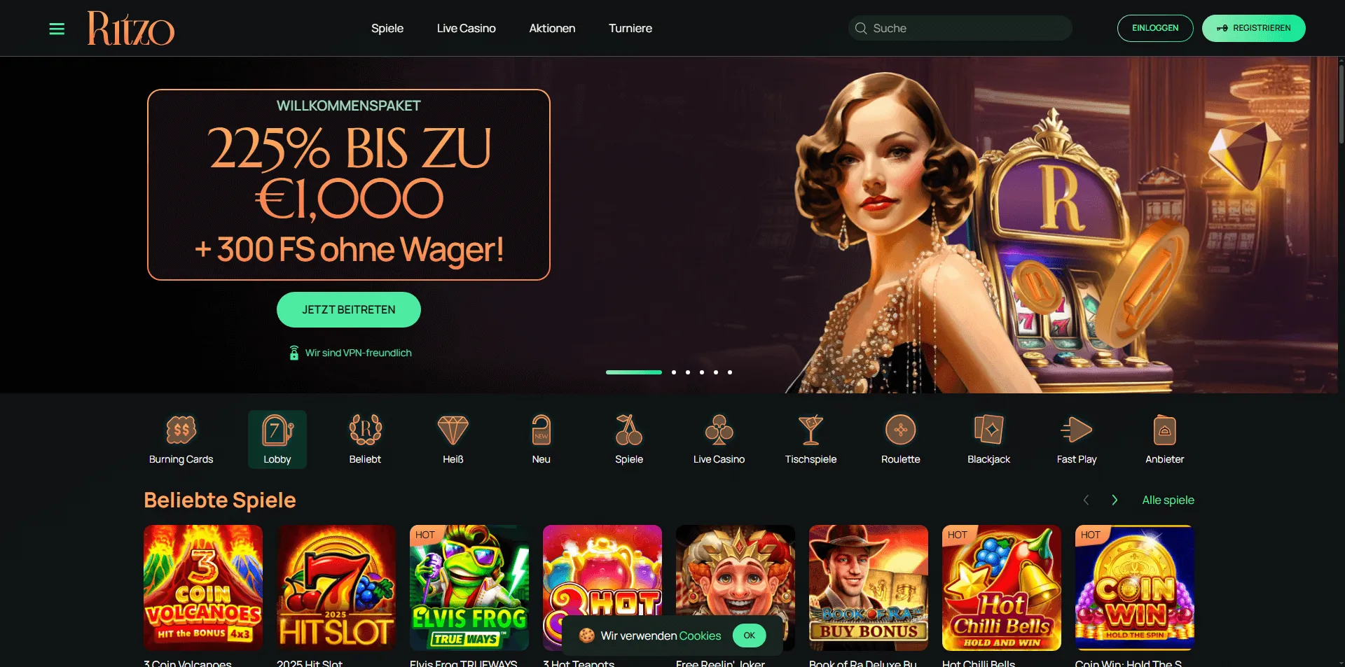 Ritzo Casino – 225 % Bonus bis zu 1.000 € + 300 Freispiele ohne Wager für neue Spieler Startseite von Ritzo Casino mit Willkommensbonus von 225 % bis zu 1.000 € und 300 Freispiele ohne Umsatzbedingungen