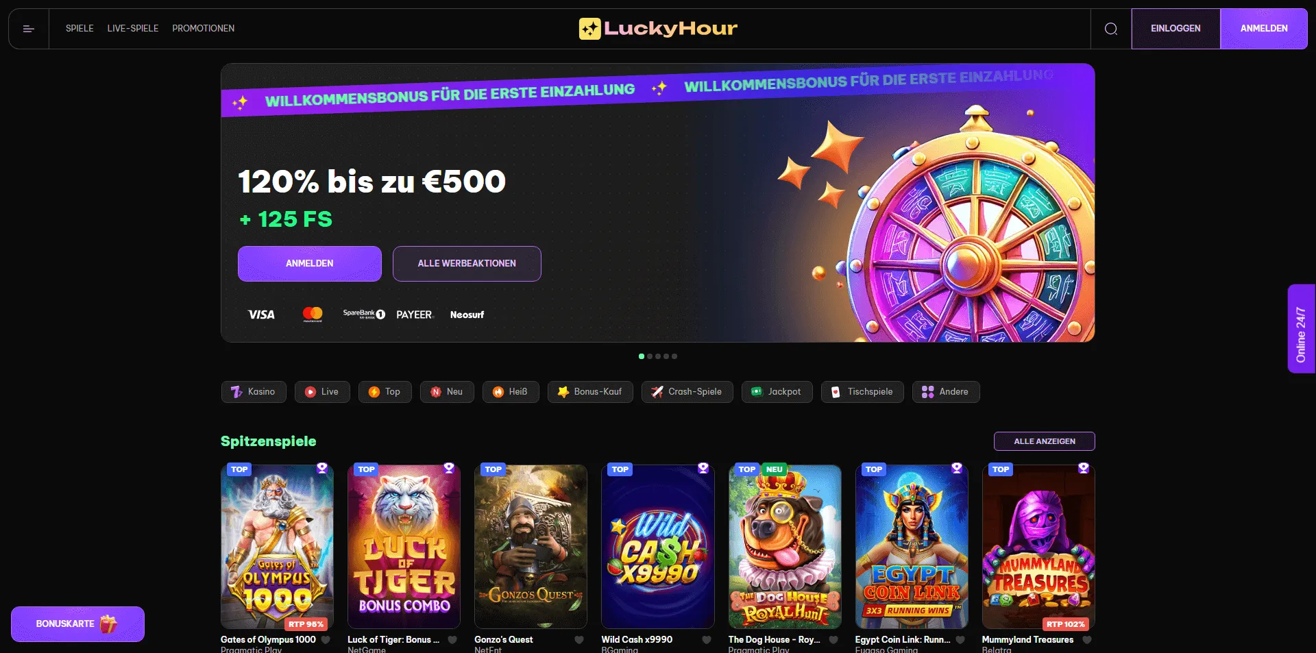 LuckyHour Online Casino – Startseite mit Willkommensbonus und Top-Spielen Screenshot der LuckyHour-Startseite mit 120 % Willkommensbonus bis zu 500 €, 125 Freispiele, Spielauswahl wie Gates of Olympus 1000, Luck of Tiger Bonus Combo, Gonzo's Quest und mehr