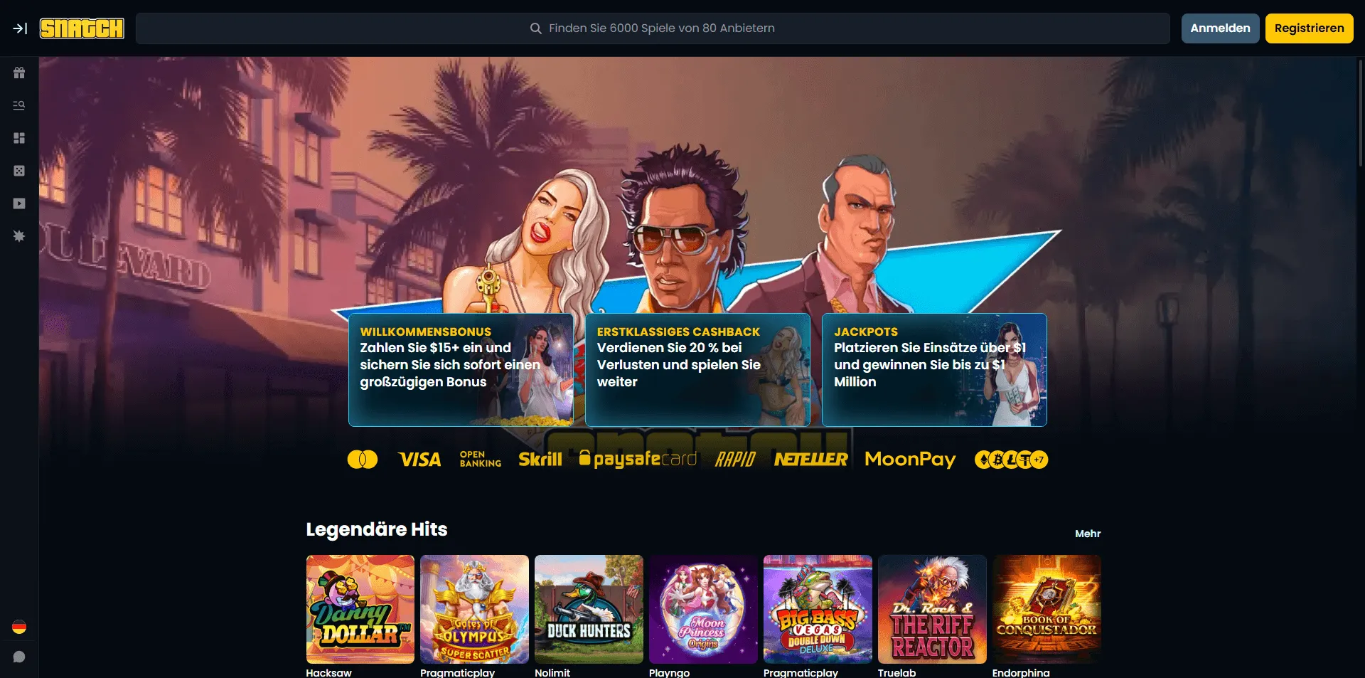 snatch-casino-startseite-bonusangebote-legendäre-hits Screenshot der Startseite von Snatch Casino mit Bonusangeboten, Cashback und Jackpots, dargestellt mit drei Comicfiguren und prominenter Spielauswahl