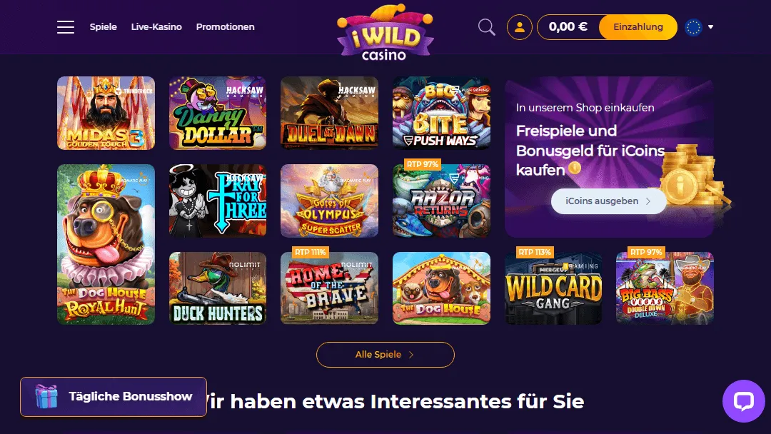 iWild Casino – Entdecken Sie neue Spielautomaten, Freispiele und Bonusgeld-Angebote mit iCoins Screenshot of iWild Casino homepage showing featured online slot games, shop promotion for iCoins, and navigation menu