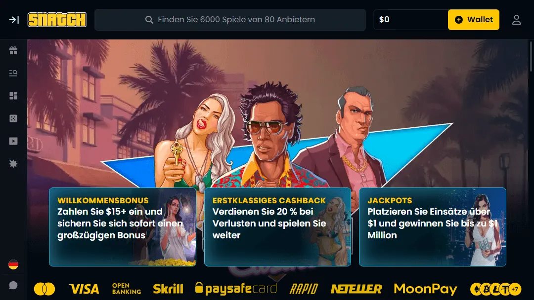 Snatch Casino – Willkommensbonus, Cashback und Jackpots bei Online-Spielen Drei Comic-Figuren vor einer Stadtlandschaft mit Casino-Angeboten und Zahlungsmethoden