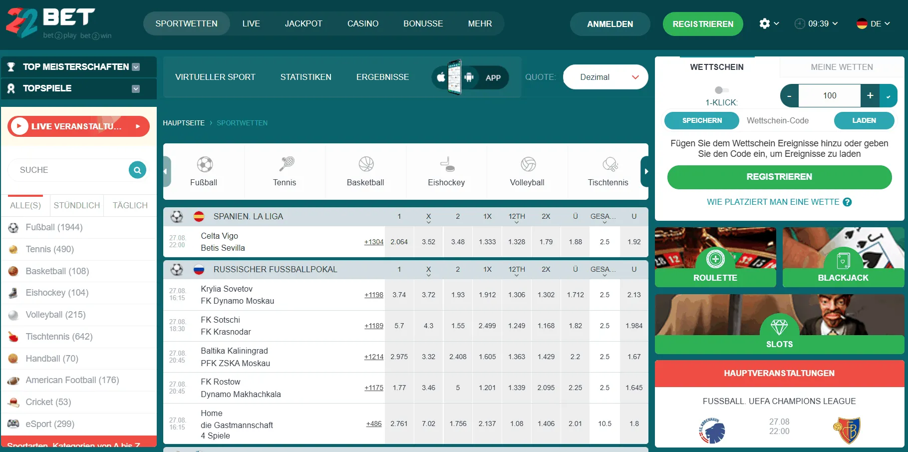 22Bet Sportwetten Schweiz Anbieter