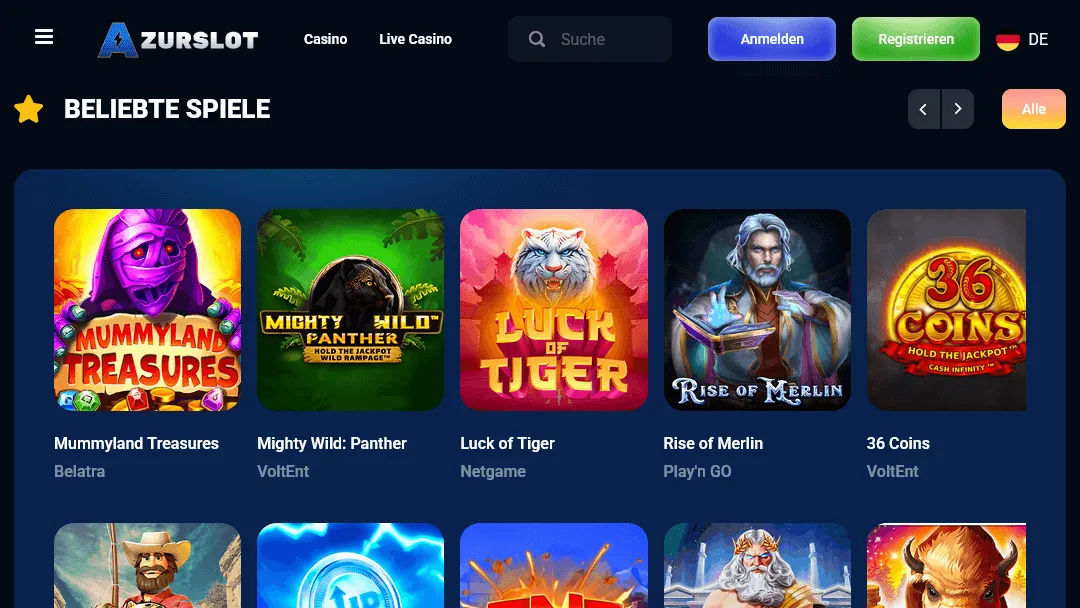 AzurSlot Casino – Beliebte Online Slots AzurSlot Casino Beliebte Spiele Übersicht