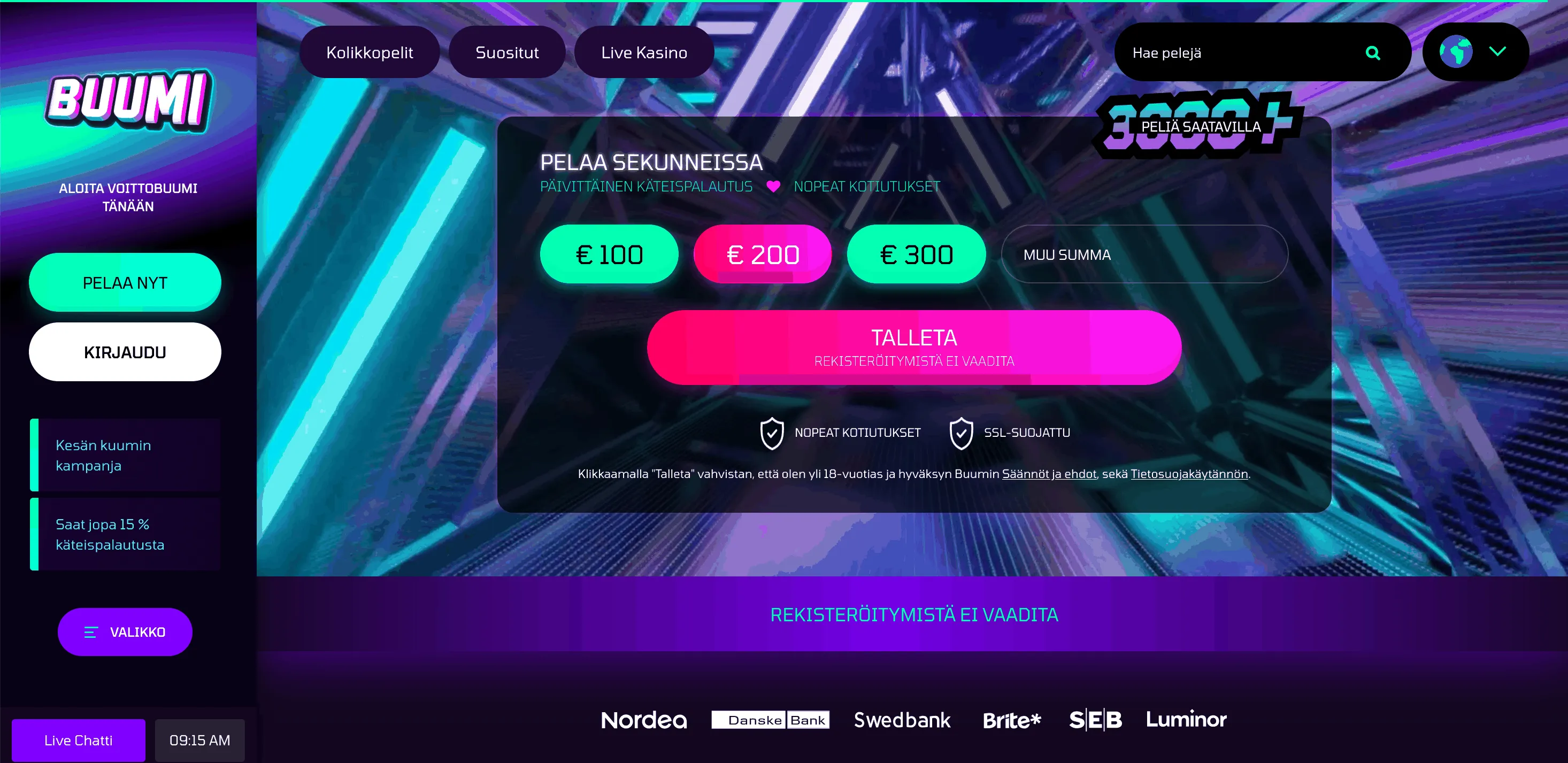 Neon-tyylinen Buumi-etusivu