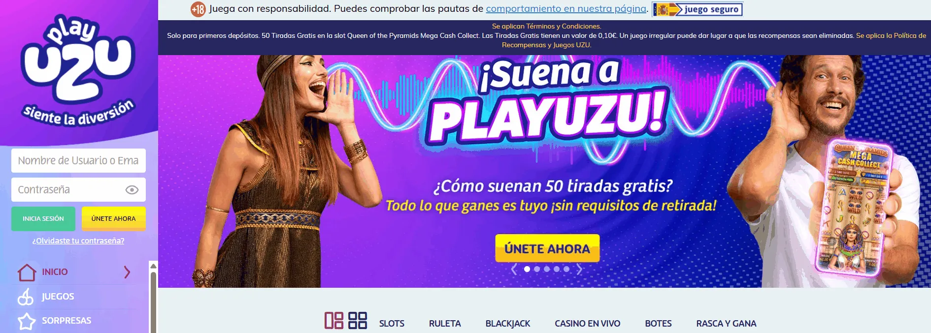 Página principal del casino Playuzu