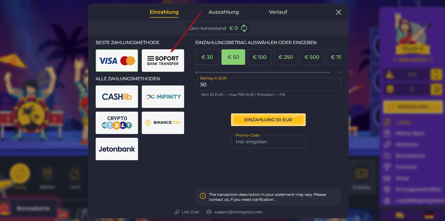 Instant Banking im Rolling Slots Casino