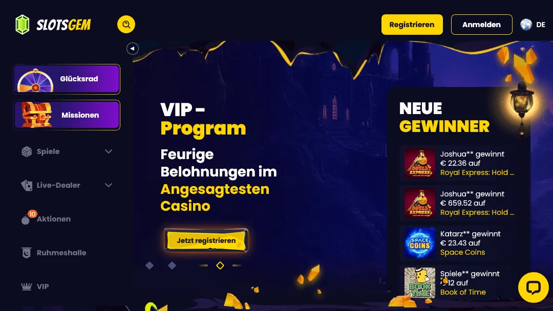 SlotsGem – VIP-Programm und Bonusaktionen im Online Casino SlotsGem Startseite mit VIP-Programm Banner