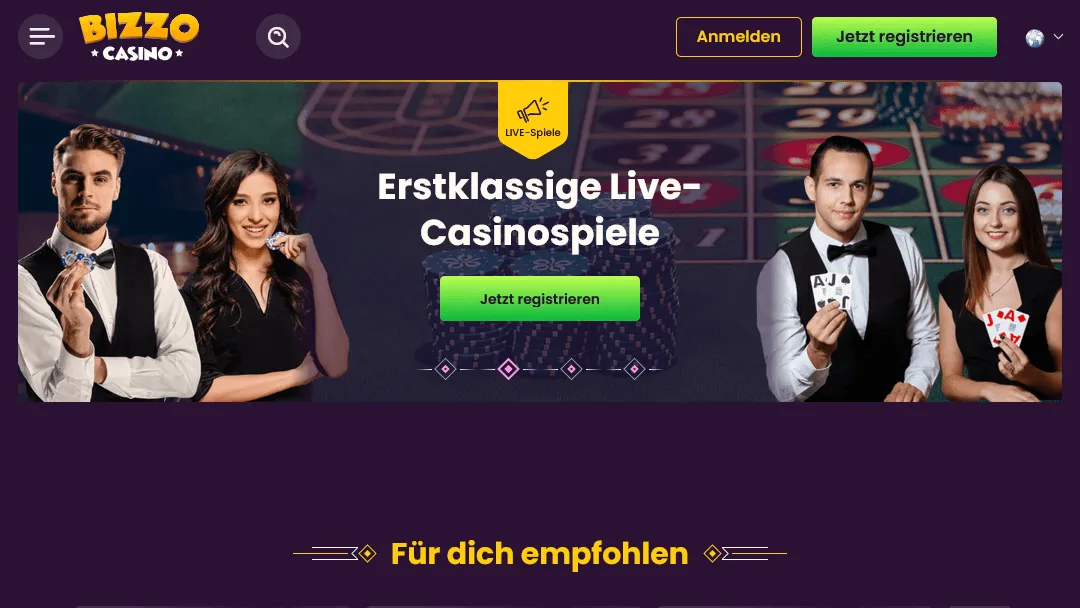 Bizzo Casino – Erstklassige Live-Casinospiele online Bizzo Casino Homepage mit Live-Casinospielen