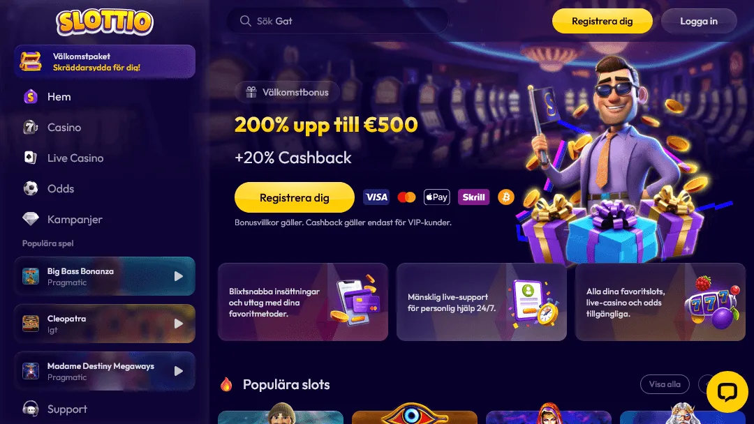 Slottio hemsida med bonus-banners