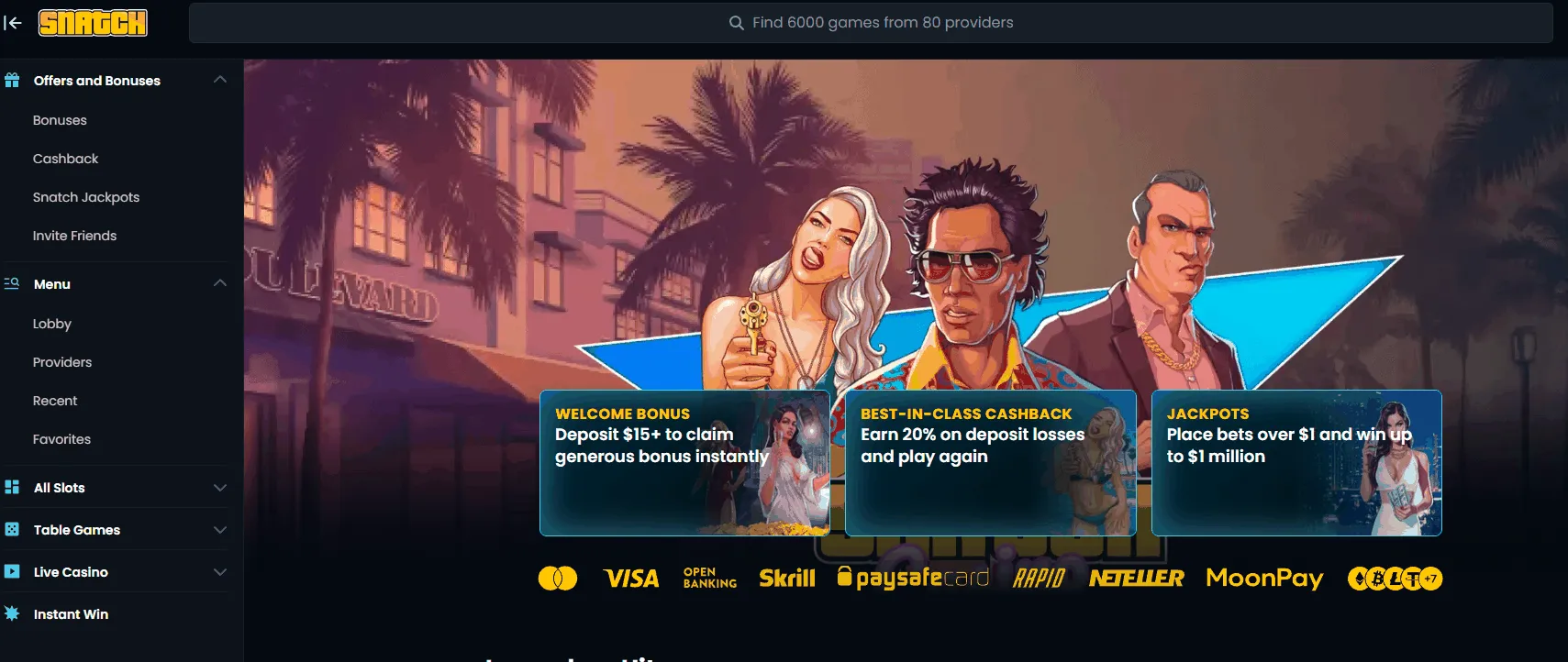 Snatch Casino homepage featuring bonuses