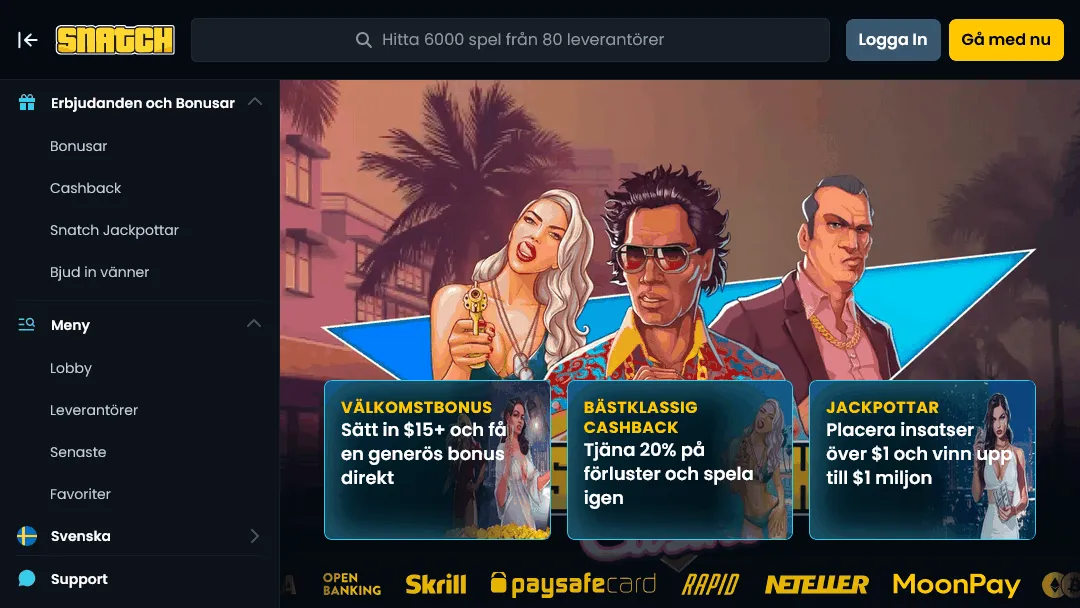 Snatch Casino hemsida med bonusbanners