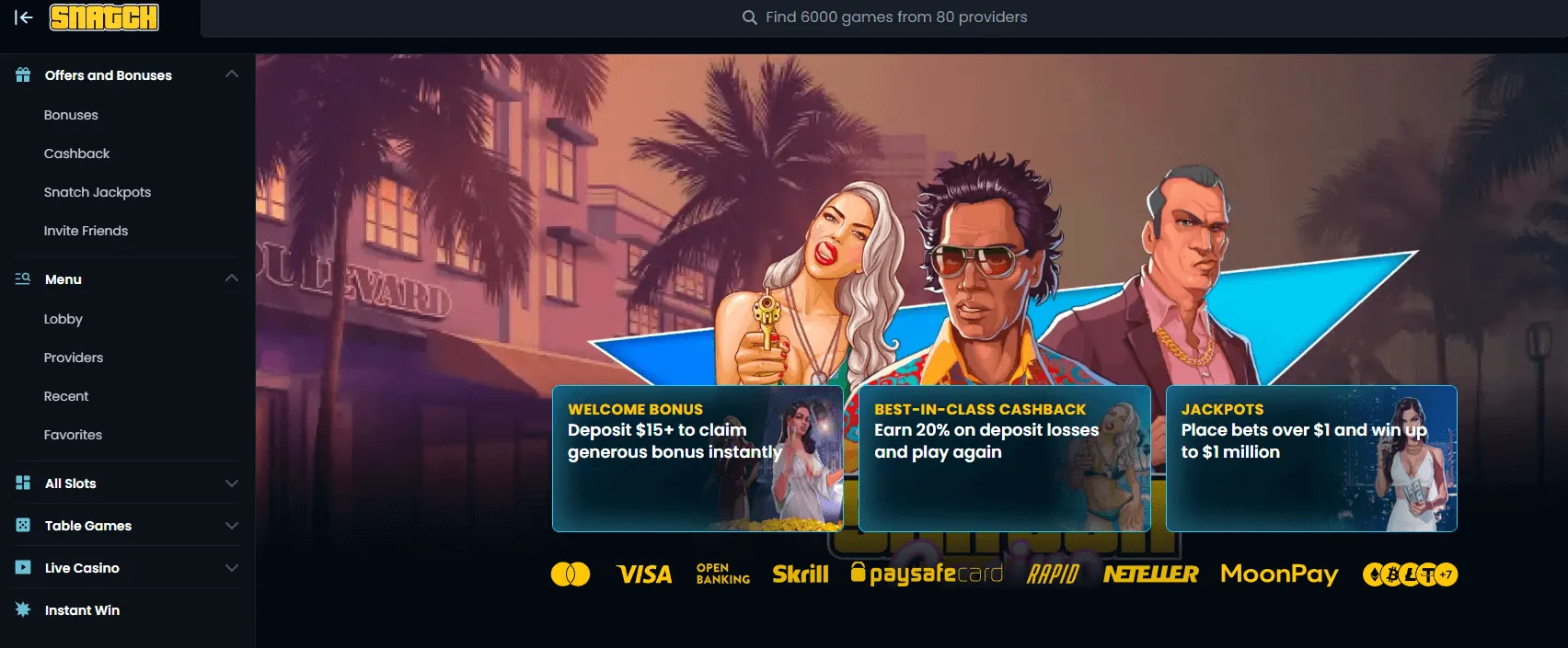 Snatch homepage with welcome bonus banner
