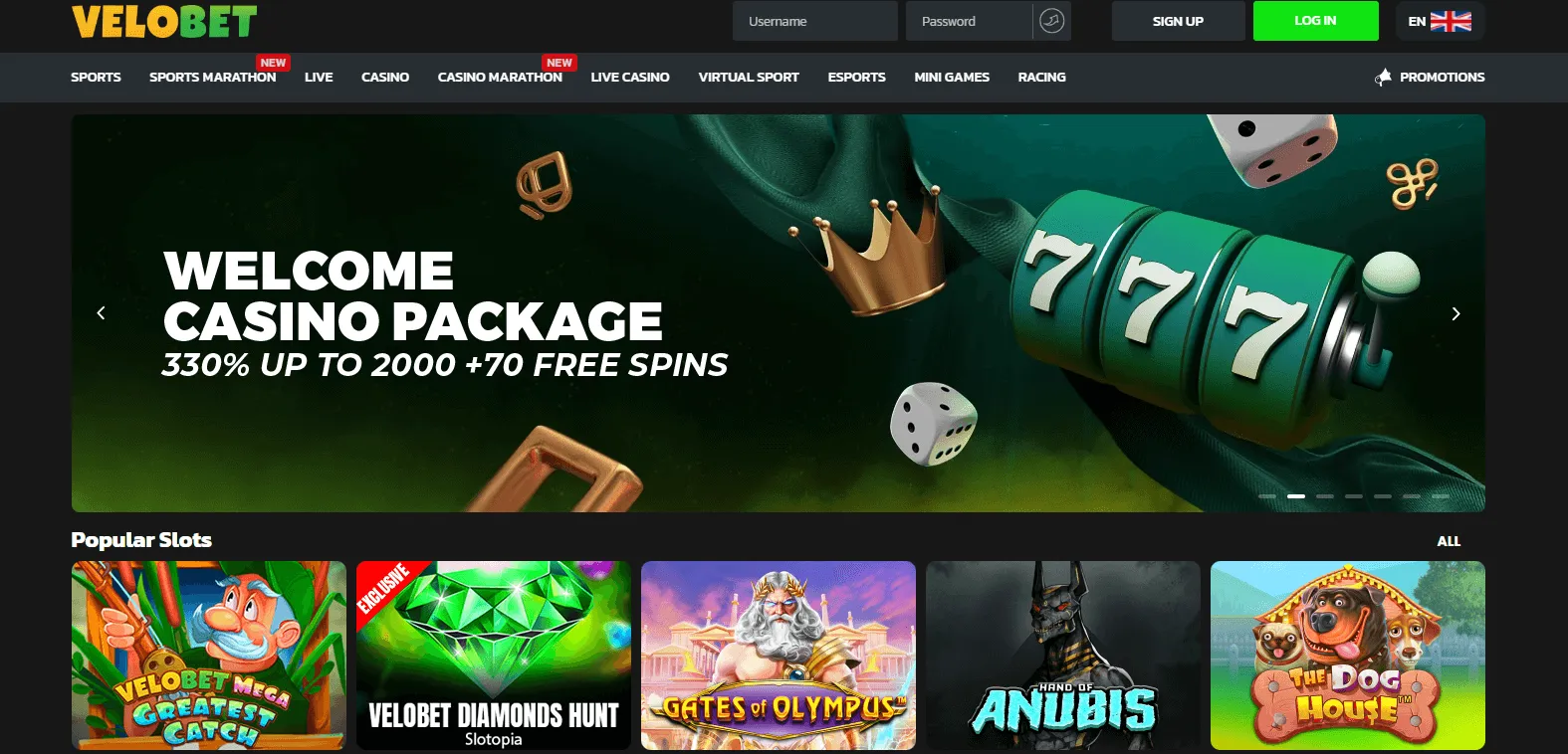 Velobet Casino Homepage with Bonus banner