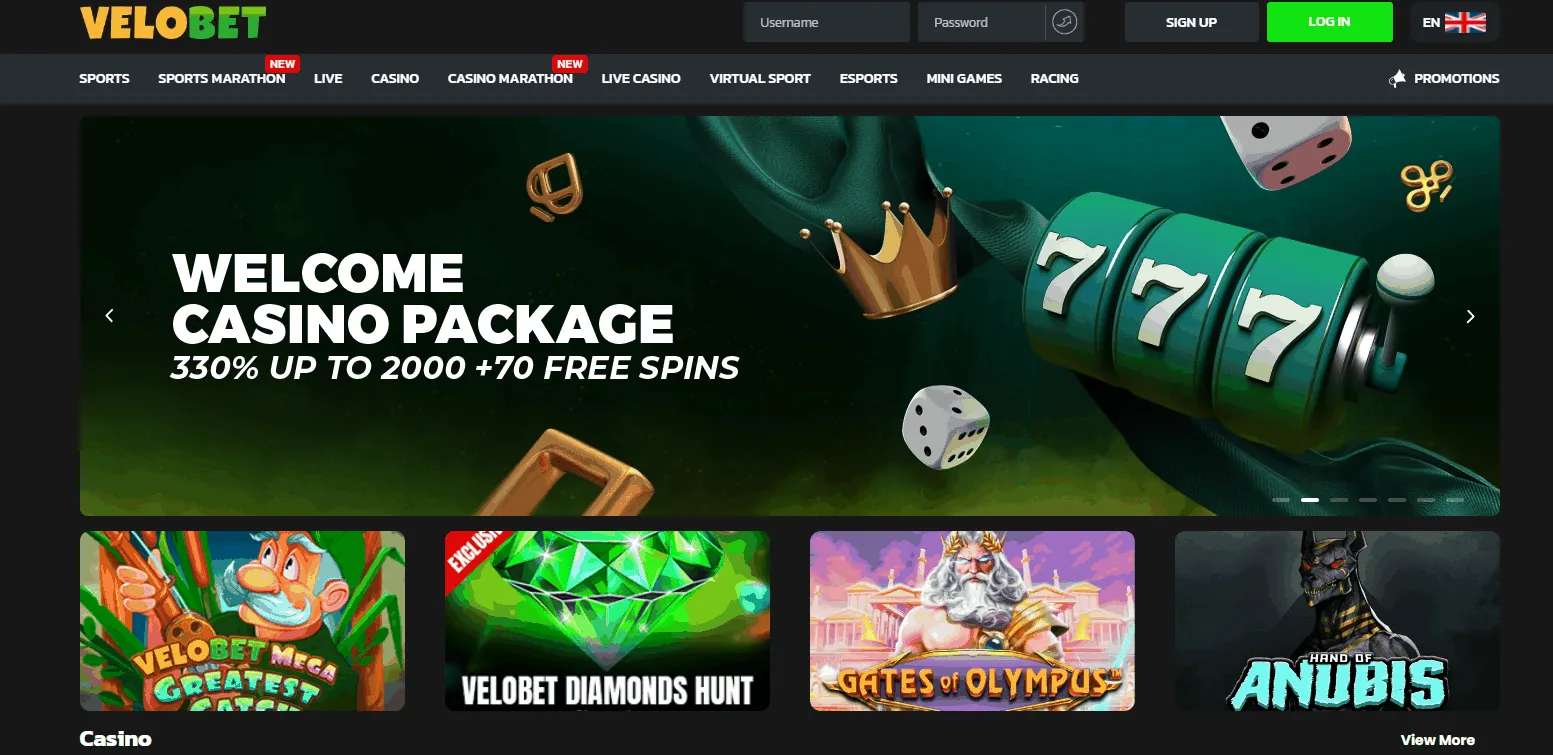 Velobet Casino homepage showing welcome package