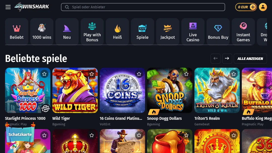 WinShark Casino – Beliebte Spiele WinShark Casino Spieleübersicht