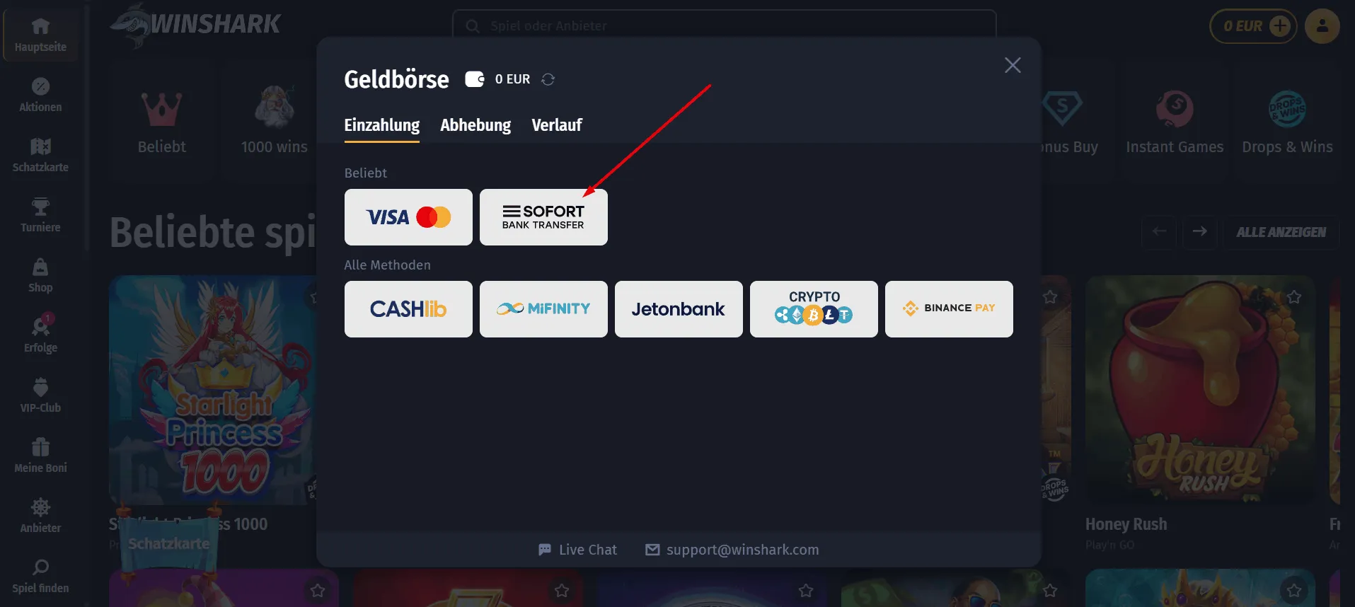 Instant Banking im Winshark Casino