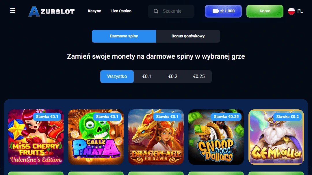 Interfejs sklepu kasyna AzurSlot