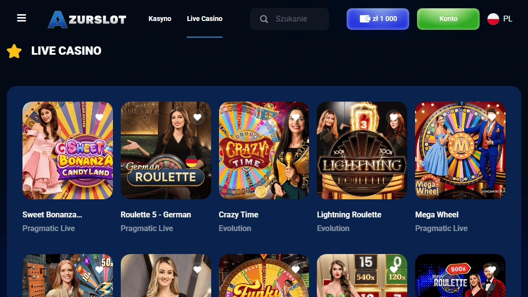 Interfejs kasyna na zywo AzurSlot z grami